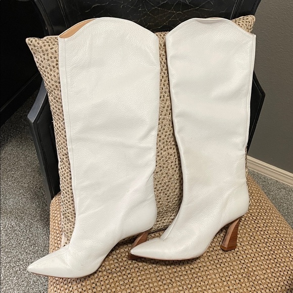 Boots SCHUTZ White Heeled Knee-High Boots leather- year round 3 1/2” heel - Picture 6 of 6